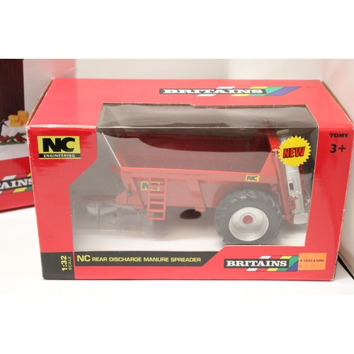 420 - THREE BRITAINS 1:32 SCALE MODELS TO INCLUDE A FARM BUILDING AND ACCESSORIES SET, A METALLIC ORANGE V... 