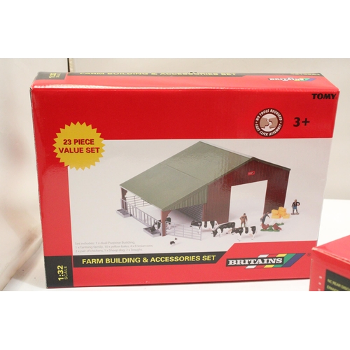 420 - THREE BRITAINS 1:32 SCALE MODELS TO INCLUDE A FARM BUILDING AND ACCESSORIES SET, A METALLIC ORANGE V... 