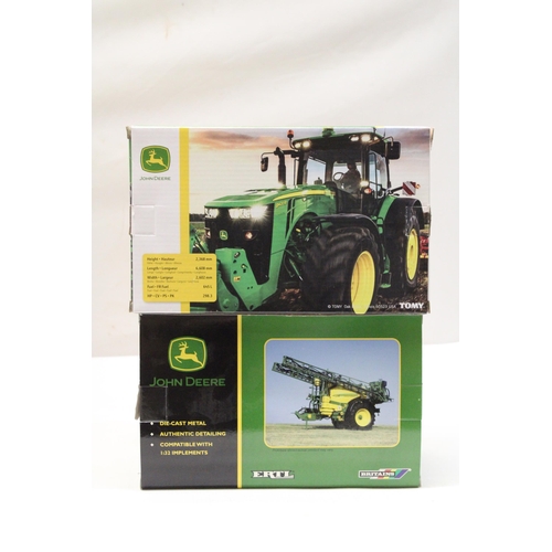 432 - TWO BRITAINS 1:32 SCALE MODELS TO INCLUDE A JOHN DEERE 8400R AND A JOHN DEERE 840i TRAILED SPRAYER -... 