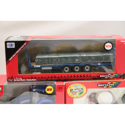 433 - THREE BRITAINS 1:32 SCALE MODELS TO INCLUDE A NEW HOLLAND T8.390 TRACTOR, A KANE BALE TRAILER AND A ... 