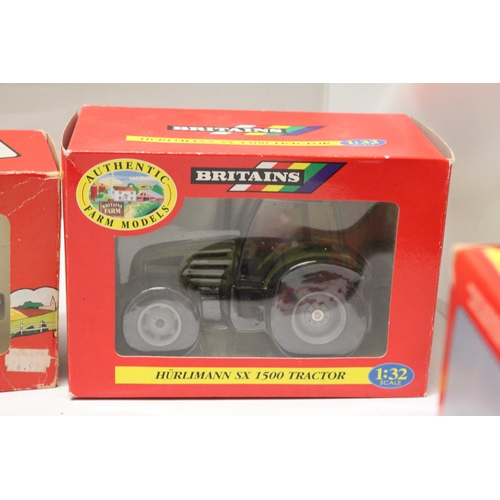 437 - FIVE BRITAINS 1:32 SCALE MODELS TO INCLUDE A HURLIMANN SX 1500 TRACTOR, A MILK TRANSPORTER, A MILKIN... 