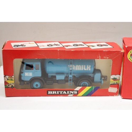 437 - FIVE BRITAINS 1:32 SCALE MODELS TO INCLUDE A HURLIMANN SX 1500 TRACTOR, A MILK TRANSPORTER, A MILKIN... 