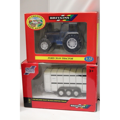 440 - FIVE BRITAINS 1:32 SCALE MODELS TO INCLUDE A FORD 5610 TRACTOR, AN IFOR WILLIAMS TA510T LVESTOCK TRA... 