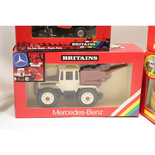 443 - FOUR BRITAINS 1:32 SCALE MODELS TO INCLUDE A MERCEDES BENZ DETACHABLE TRACTOR, A KUHN ROUND BALER, A... 