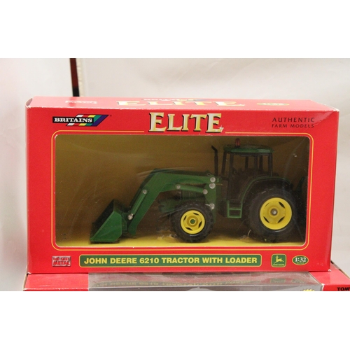 444 - FIVE BRITAINS 1:32 SCALE MODELS TO INCLUDE A JOHN DEERE 6210 TRACTOR WITH LOADER, A JOHN DEERE 7920 ... 