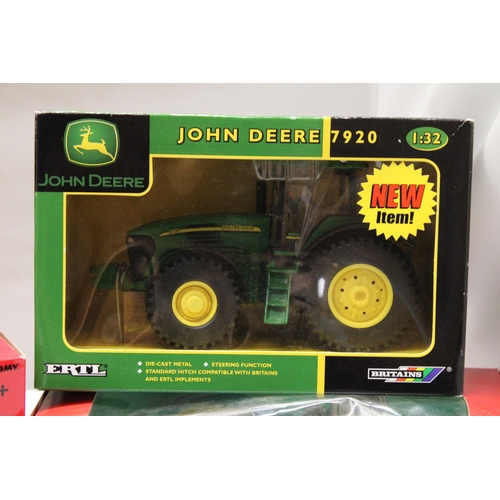 444 - FIVE BRITAINS 1:32 SCALE MODELS TO INCLUDE A JOHN DEERE 6210 TRACTOR WITH LOADER, A JOHN DEERE 7920 ... 