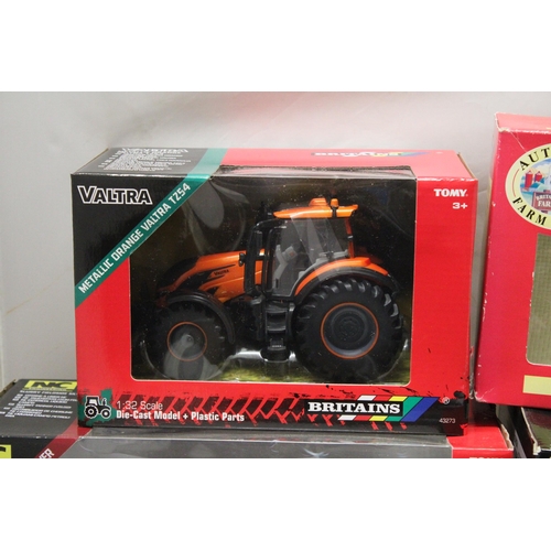 445 - FOUR BRITAINS 1:32 SCALE MODELS TO INCLUDE A CLAAS XERION 5000 TRACTOR, A VALTRA METALLIC ORANGE T25... 