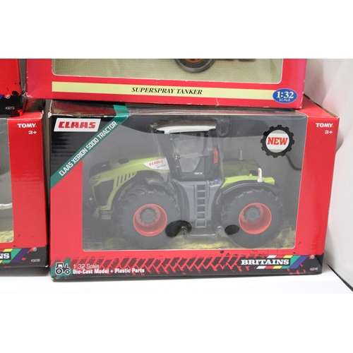 445 - FOUR BRITAINS 1:32 SCALE MODELS TO INCLUDE A CLAAS XERION 5000 TRACTOR, A VALTRA METALLIC ORANGE T25... 