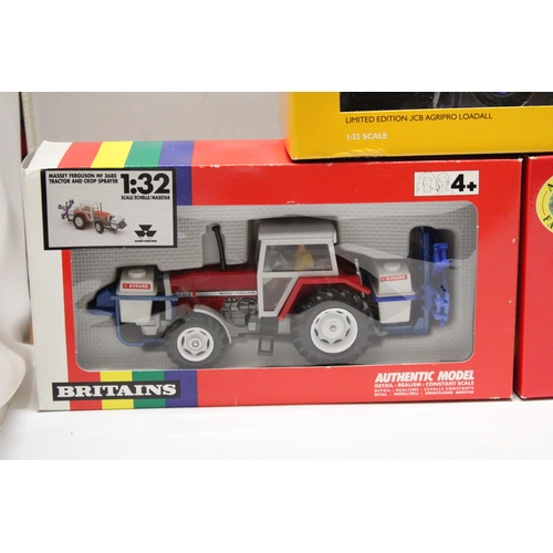 447 - THREE BRITAINS 1:32 SCALE MODELS TO INCLUDE A MASSEY FERGUSON MF 3680 TRACTOR AND CROP SPRAYER, A SA... 