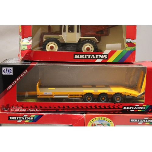 448 - FOUR BRITAINS 1:32 SCALE MODELS TO INCLUDE A MERCEDES BENZ DETACHABLE TRACTOR AND TIPPER HOPPER, AN ... 