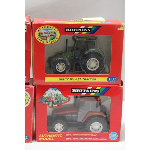 450 - FOUR BRITAINS 1:32 SCALE MODELS TO INCLUDE A MASSEY FERGUSON 6140 TRACTOR, A FORD 2120 TRACTOR, A DE... 