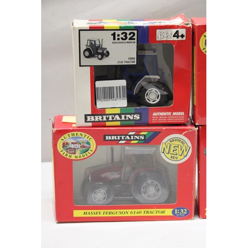 450 - FOUR BRITAINS 1:32 SCALE MODELS TO INCLUDE A MASSEY FERGUSON 6140 TRACTOR, A FORD 2120 TRACTOR, A DE... 