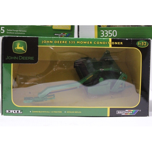 453 - THREE BRITAINS 1:32 SCALE JOHN DEERE MODELS TO INCLUDE A 3350 TRACTOR, A MOWER CONDITIONER, A TRAILE... 