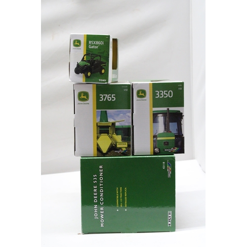 453 - THREE BRITAINS 1:32 SCALE JOHN DEERE MODELS TO INCLUDE A 3350 TRACTOR, A MOWER CONDITIONER, A TRAILE... 