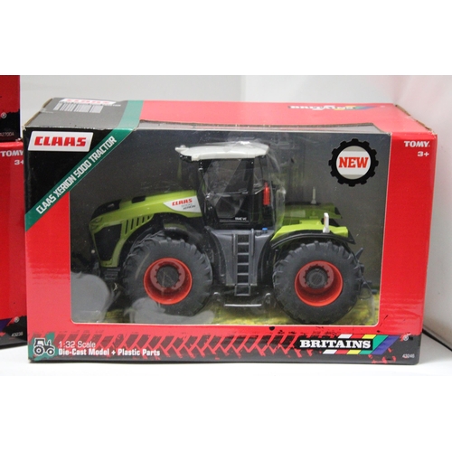 456 - THREE BRITAINS 1:32 SCALE MODELS TO INCLUDE A CLAAS XERION 5000 TRACTOR, A KANE 16 TONNE SILAGE TRAI... 