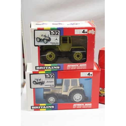 457 - FOUR VINTAGE BRITAINS 1:32 SCALE MODELS TO INCLUDE A MERCEDES-BENZ 1500 TRACTOR NO. 9525, A LAMBORGH... 