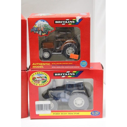 459 - FOUR BRITAINS 1:32 SCALE MODELS TO INCLUDE, A FORD 5610 TRACTOR, A RENAULT 70-14 TRACTOR, A ROUND BA... 