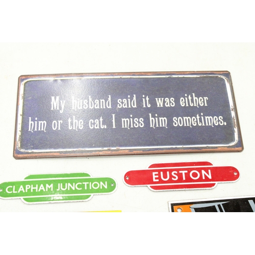 107 - FIVE METAL WALL SIGNS TO INCLUDE EUSTON, CLAPHAM JUNCTION, SANDEMANS PORT ETC