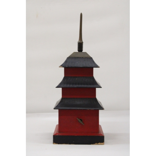 125 - A WOODEN JEWELLERY/MUSIC BOX - THREE STOREY PAGODA - APPROXIMATELY 40CM HIGH