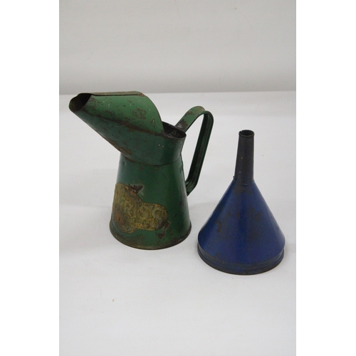 127 - A VINTAGE GREEN MORRIS OIL CAN PLUS BLUE FUNNEL