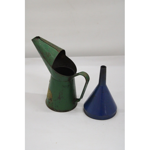 127 - A VINTAGE GREEN MORRIS OIL CAN PLUS BLUE FUNNEL