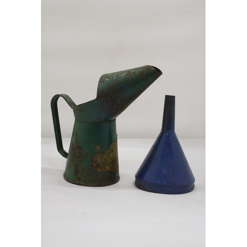 127 - A VINTAGE GREEN MORRIS OIL CAN PLUS BLUE FUNNEL