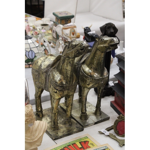 129 - A PAIR OF LARGE CHINESE TANG HORSES - APPROXIMATELY 43CM X 43CM X 15CM