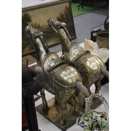 129 - A PAIR OF LARGE CHINESE TANG HORSES - APPROXIMATELY 43CM X 43CM X 15CM