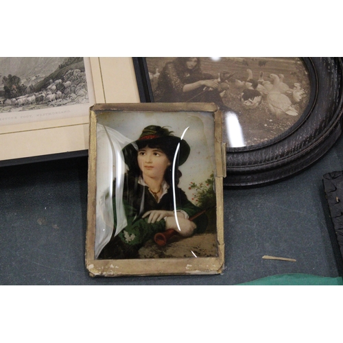 147 - A PORTRAIT PAINTING ON GLASS TOGETHER WITH TWO FURTHER FRAMED PRINTS ONE OF GIRL IN COUNTRYSIDE SCEN... 