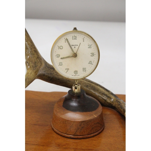 17 - A HORN AND WOOD MANTLE CLOCK