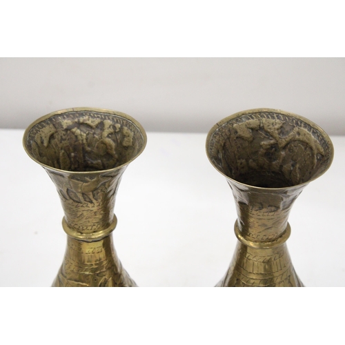 37 - A PAIR OF MIDDLE EASTERN BRASS VASES, HEIGHT 29CM