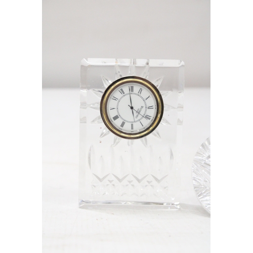 5 - A WATERFORD CRYSTAL LISMORE MINI VANITY CLOCK TOGETHER WITH A WATERFORD CRYSTAL STAR DIGITAL CLOCK