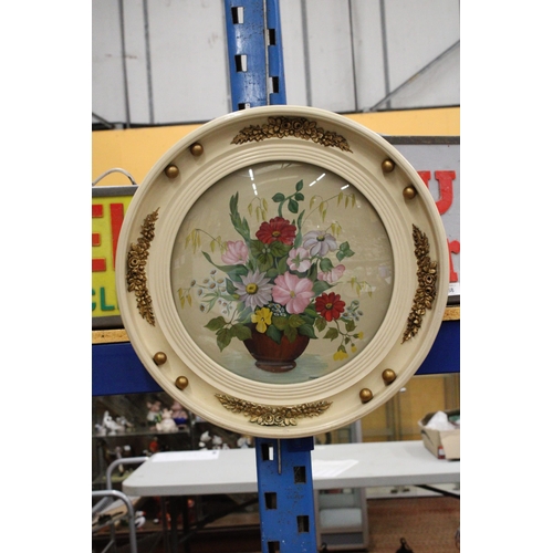 57 - A ORIGINAL ACRYLIC SEMI GILDED FRAMED 1950'S PORTHOLE FLOWER PAINTING WITH CONVEX GLASS - SIGNED J.M... 