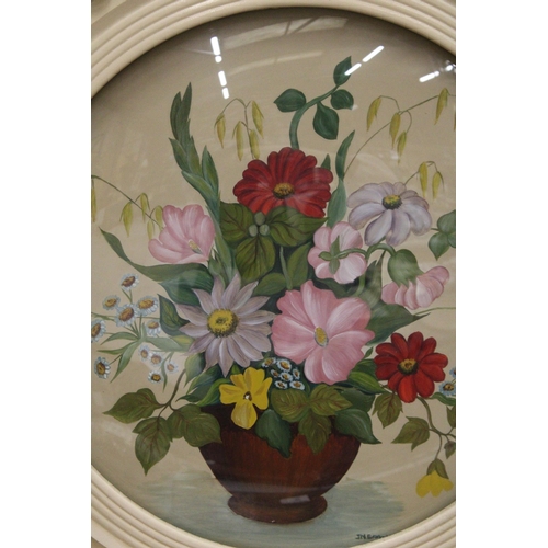 57 - A ORIGINAL ACRYLIC SEMI GILDED FRAMED 1950'S PORTHOLE FLOWER PAINTING WITH CONVEX GLASS - SIGNED J.M... 