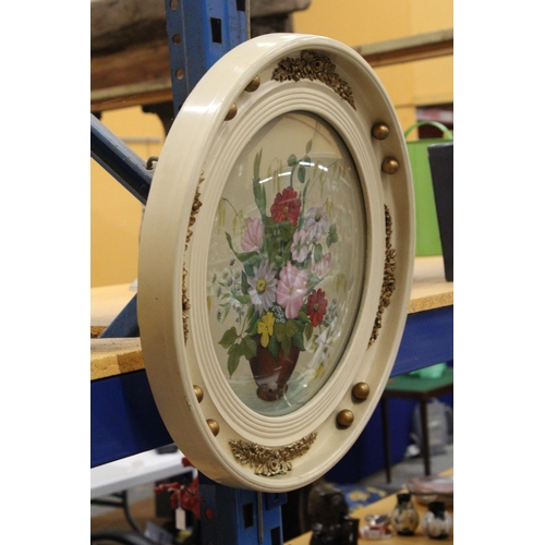 57 - A ORIGINAL ACRYLIC SEMI GILDED FRAMED 1950'S PORTHOLE FLOWER PAINTING WITH CONVEX GLASS - SIGNED J.M... 