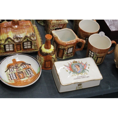 159 - A QUANTITY OF COTTAGE WARE TO INCLUDE BUTTER DISHES, CUPS, JUG ETC PLUS A SYLVAC PLANTER, A BOXED NO... 