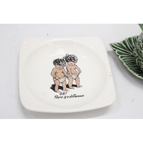 174 - A VINTAGE TRINKET DISH DEPICTING TWO BABIES IN NAPPIES AND A SYLVAC 'CABBAGE LEAF' SAUCE BOAT AND SA... 