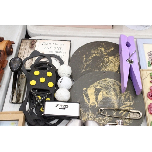 191 - A LARGE MIXED LOT TO INCLUDE PRINTS, ANIMAL WALL PLAQUES, BINOCULARS, A HIP FLASK, WATCHES, ETC