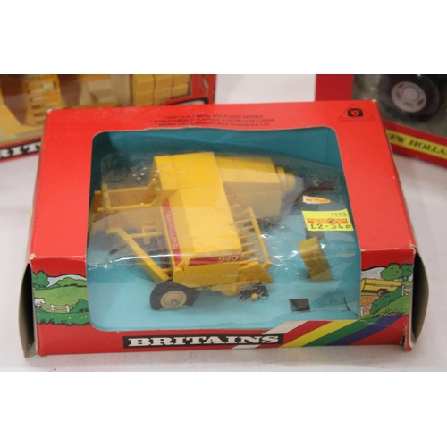 462 - THREE BRITAINS 1:32 SCALE MODELS TO INCLUDE A VINTAGE HAY BALER NO. 9556, A VINTAGE FRONT END LOADER... 