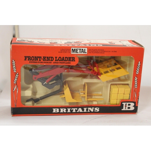 462 - THREE BRITAINS 1:32 SCALE MODELS TO INCLUDE A VINTAGE HAY BALER NO. 9556, A VINTAGE FRONT END LOADER... 