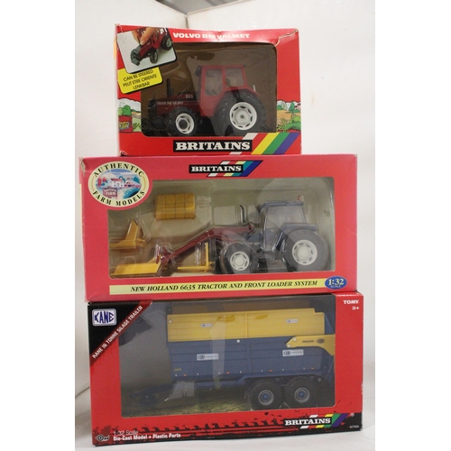 463 - THREE BRITAINS 1:32 SCALE MODELS TO INCLUDE A VINTAGE NEW HOLLAND 6635 TRACTOR AND FRONT LOADER SYST... 