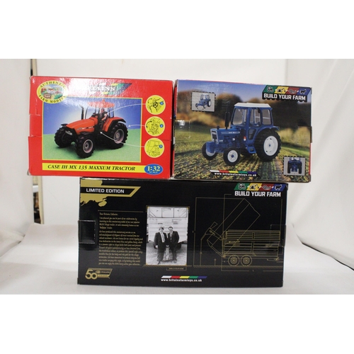 465 - THREE BRITAINS 1:32 SCALE MODELS TO INCLUDE A CASE IH MX 135 MAXXUM TRACTOR, A FORD 6600 TRACTOR AND... 