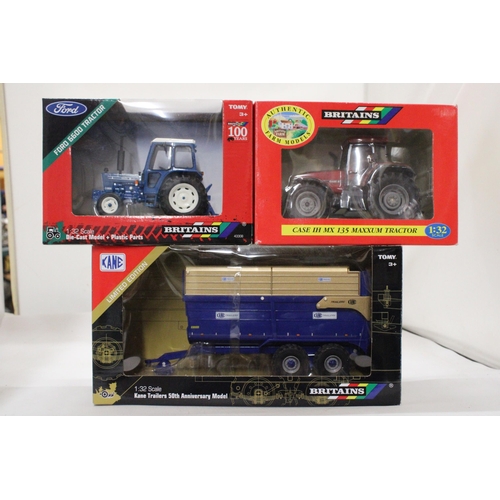 465 - THREE BRITAINS 1:32 SCALE MODELS TO INCLUDE A CASE IH MX 135 MAXXUM TRACTOR, A FORD 6600 TRACTOR AND... 