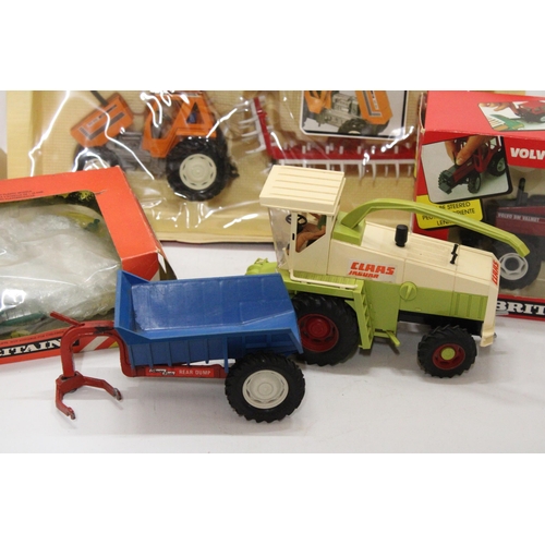 470 - FIVE BRITAINS 1:32 SCALE MODELS TO INCLUDE A VOLVO BM VALMET TRACTOR, A FIAT DOUBLE REAR WHEELED TRA... 