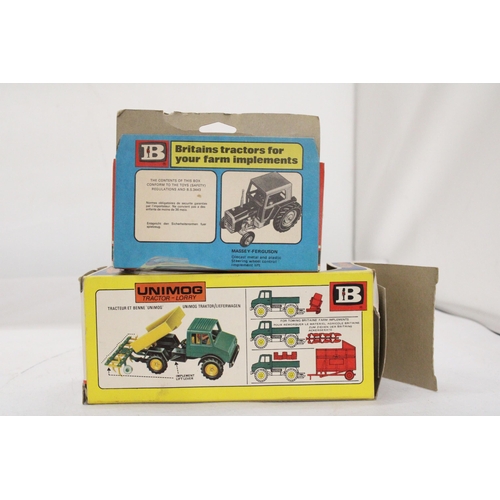 474 - TWO VINTAGE BRITAINS MODELS TO INCLUDE A MASSEY-FERFUSON TRACTOR, CATALOGUE NUMBER 9520 PLUS A UNIMO... 