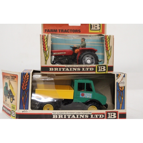 474 - TWO VINTAGE BRITAINS MODELS TO INCLUDE A MASSEY-FERFUSON TRACTOR, CATALOGUE NUMBER 9520 PLUS A UNIMO... 