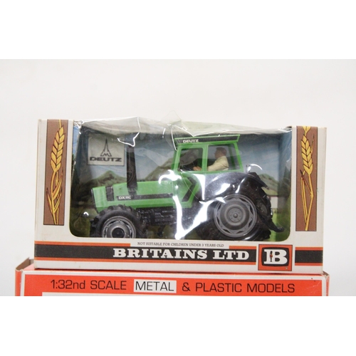 482 - A VINTAGE BRITAINS DEUTZ DX110 TRACTOR, CATALOGUE NO. 9526 PLUS A HIGH SIDED TIPPER CART, CATALOGUE ... 