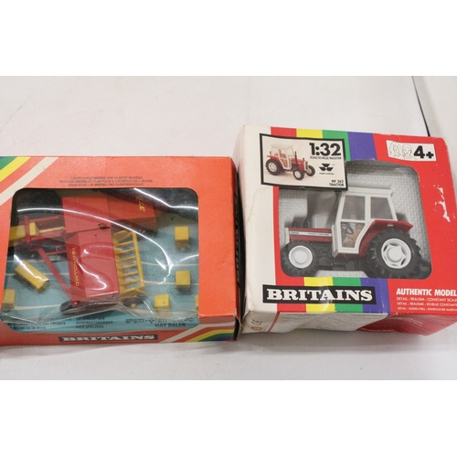 483 - FOUR VINTAGE BRITAINS FARM MACHINES TO INCLUDE A MASSEY FERGUSON MF 363 TRACTOR, A DISC HARROW, A CR... 