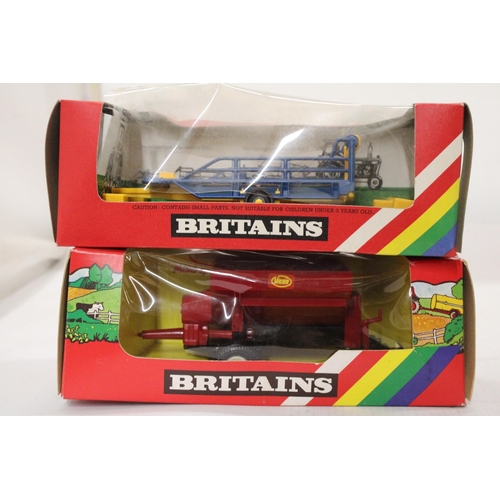 486 - THREE VINTAGE BRITAINS FARM VEHICLES TO INCLUDE A VOLVO TRACTOR, CAT. NO. 9521, A BALE SLEDGE, CAT. ... 