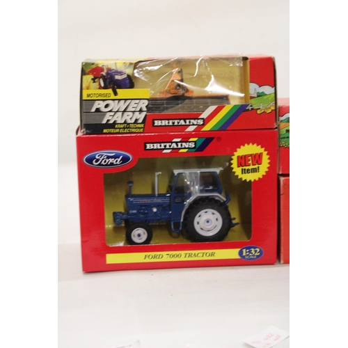 488 - FOUR BRITAINS 1:32 SCALE MODELS TO INCLUDE A FORD 7000 TRACTOR, A FORD TW20 TRACTOR, A MASSEY FERGUS... 